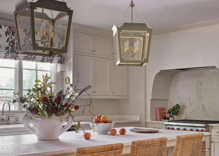 Visual Comfort Caddo Medium Lantern pair in a kitchen